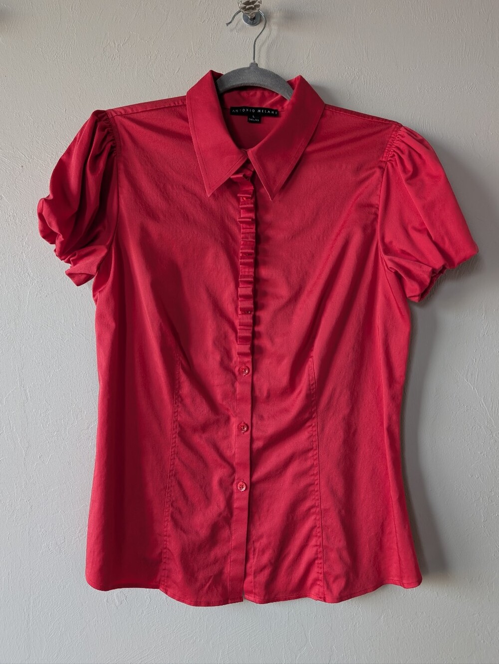 ANTONIO MELANI Hot Pink Puff Short-Sleeve Ruffled Front Button Blouse Size L